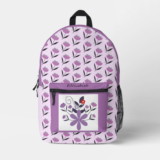 Custom elegant floral purple violet grey red printed backpack (Front)