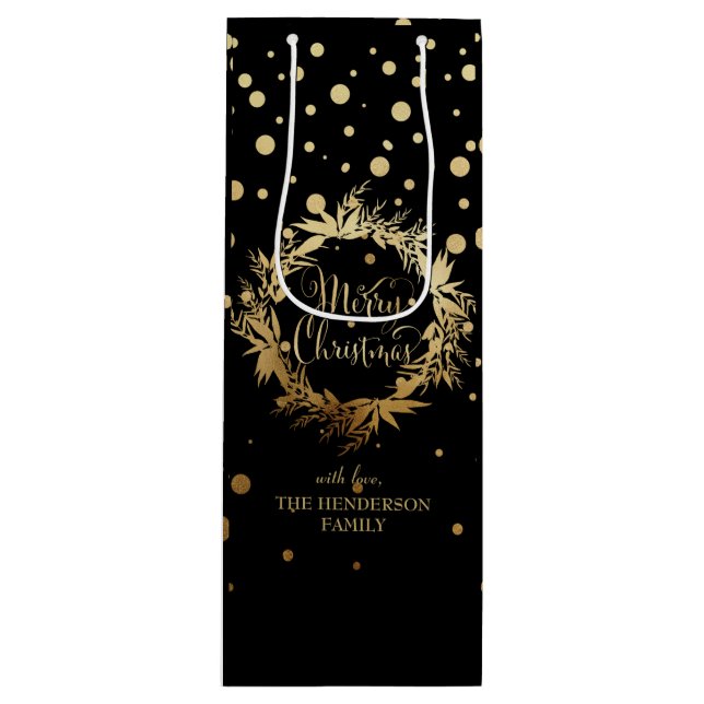 Custom Elegant Gold Black Merry Christmas Wreath Wine Gift Bag (Front)