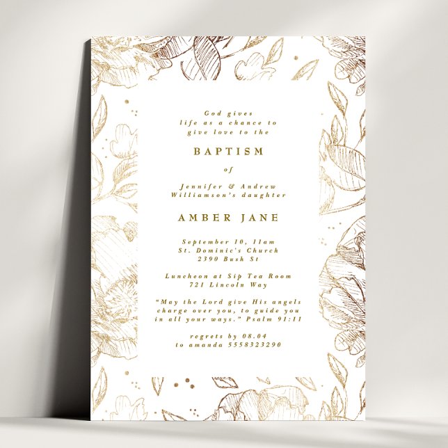 Custom Elegant Gold Floral Botanical Baptism Invitation (Creator Uploaded)
