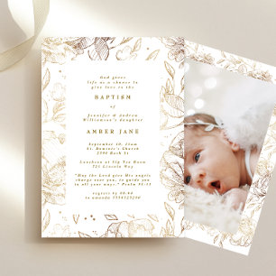 Custom Elegant Gold Floral Botanical Baptism Photo Invitation