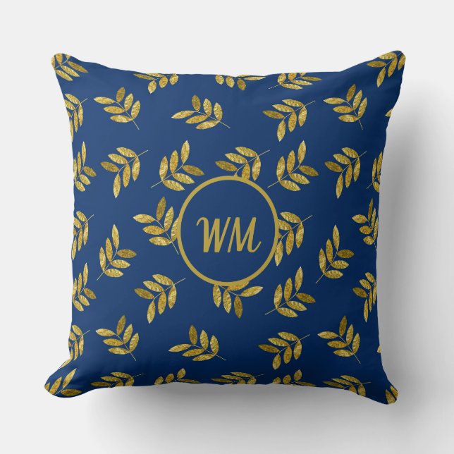 Custom Elegant Gold Foliage Blue  Throw Pillow (Front)