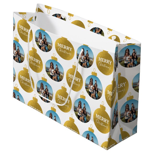 Custom Elegant Gold Photo Ornaments Christmas Large Gift Bag (Front Angled)