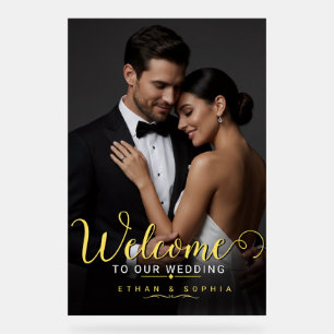 Custom Elegant Gold Photo Wedding Welcome Acrylic Sign