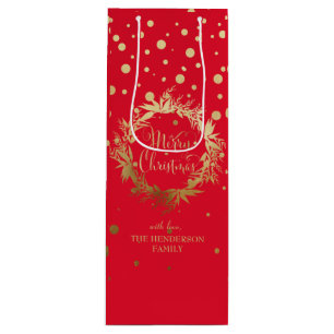 Custom Elegant Gold Red Merry Christmas Wreath Wine Gift Bag
