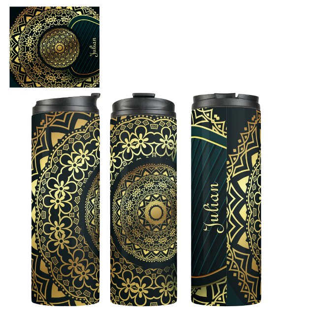 Custom Elegant Green Faux Gold Mandala Thermal Tumbler (Beautiful elegant mandala for friends or bridesmaids gifts. Customize it for that personal touch.)