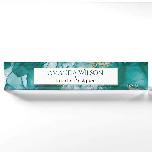 Custom Elegant Green Gold Ink Desk Nameplate (Front)
