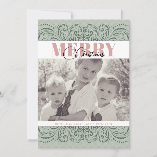 Custom Elegant Green & Pink Photo Christmas Cards (Front)
