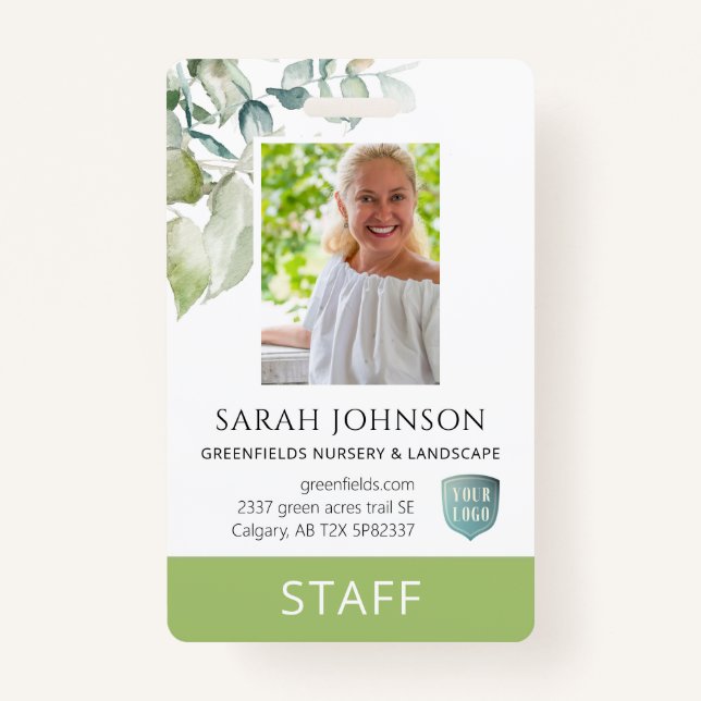 Custom Elegant Greenery Employee Photo ID  Badge (Front)