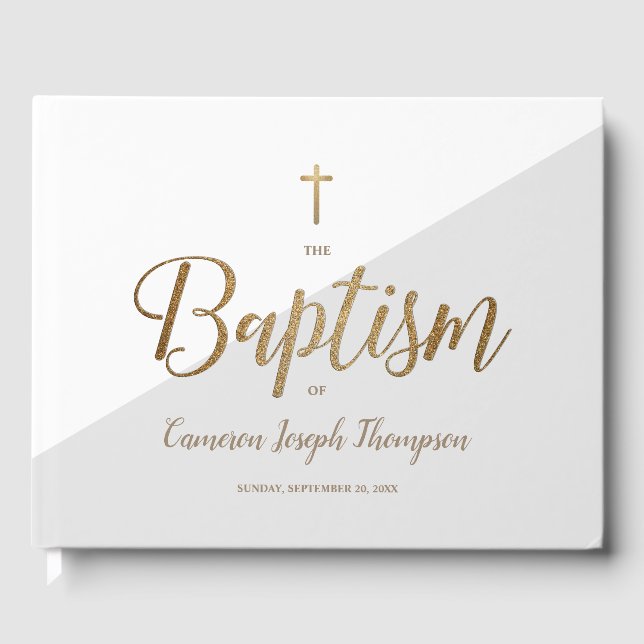 Custom Elegant Grey  gold Cross Baby Baptism Guest Book (Front)