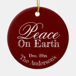 Custom Elegant Holiday Red Peace On Earth Ceramic Ornament