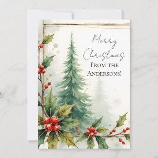 Custom Elegant Holly Pine Christmas Card
