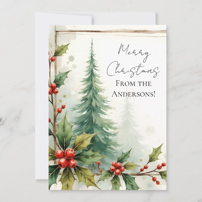 Custom Elegant Holly Pine Christmas Card (Front)