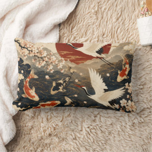 Custom Elegant Japanese Koi & Crane Art Lumbar Pillow