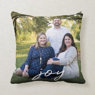 Custom Elegant Joy 2-Sided Family Photo Christmas Throw Pillow