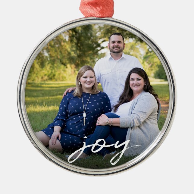 Custom Elegant Joy Family Photo Christmas Metal Ornament (Front)