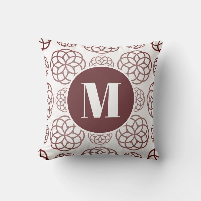 Custom Elegant Maroon Circular Pattern Monogrammed Throw Pillow (Front)
