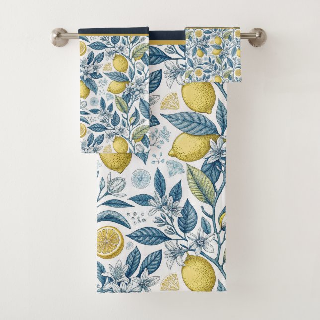 Custom Elegant Mediterranean Lemon Botanical Navy Bath Towel Set (Insitu)