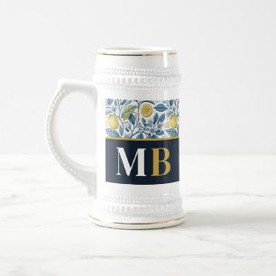 Custom Elegant Mediterranean Lemon Botanical Navy Beer Stein