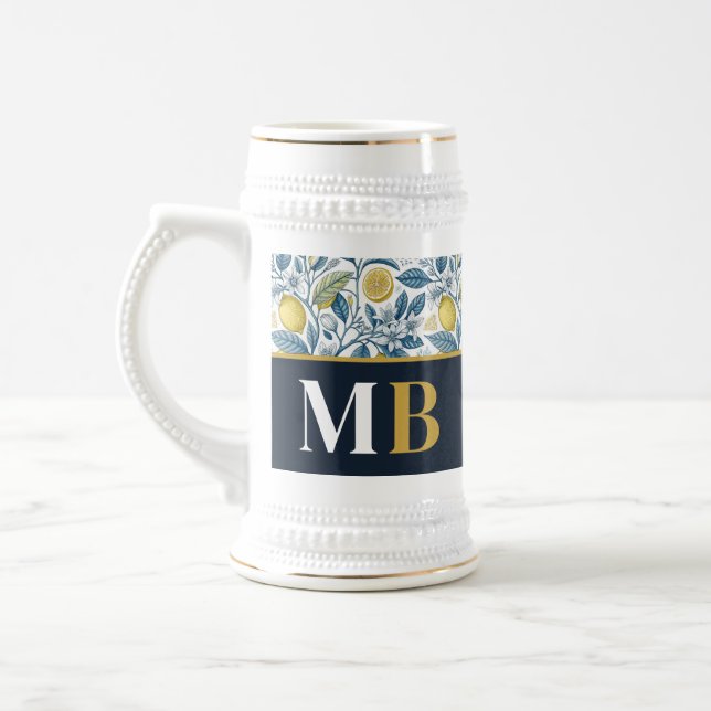 Custom Elegant Mediterranean Lemon Botanical Navy Beer Stein (Left)