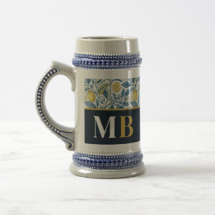 Custom Elegant Mediterranean Lemon Botanical Navy Beer Stein