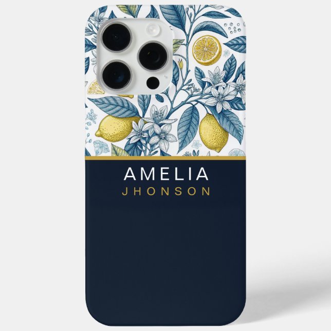 Custom Elegant Mediterranean Lemon Botanical Navy Case-Mate iPhone Case (Back)