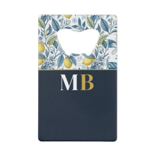 Custom Elegant Mediterranean Lemon Botanical Navy Credit Card Bottle Opener