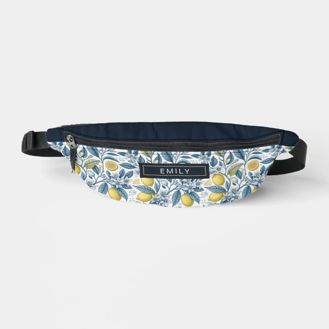 Custom Elegant Mediterranean Lemon Botanical Navy Fanny Pack (Front)