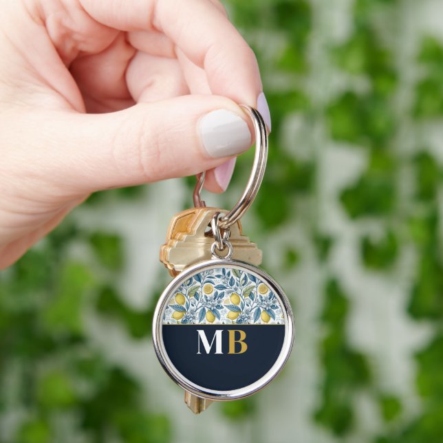 Custom Elegant Mediterranean Lemon Botanical Navy Keychain (Hand)