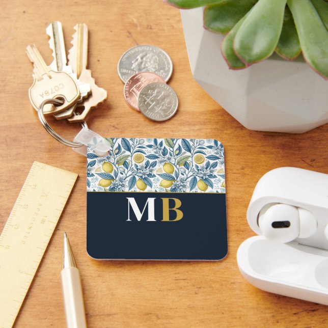Custom Elegant Mediterranean Lemon Botanical Navy Keychain (Desk)