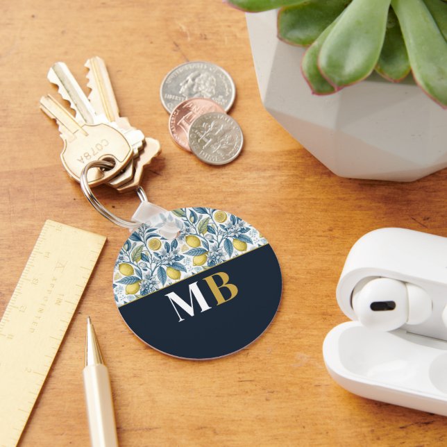 Custom Elegant Mediterranean Lemon Botanical Navy Keychain (Desk)