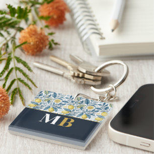 Custom Elegant Mediterranean Lemon Botanical Navy Keychain