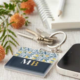 Custom Elegant Mediterranean Lemon Botanical Navy Keychain