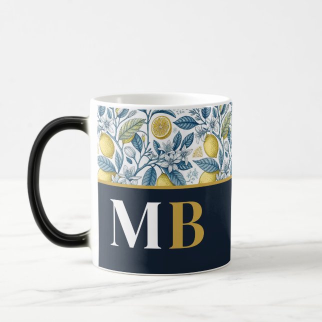 Custom Elegant Mediterranean Lemon Botanical Navy Magic Mug (Left)