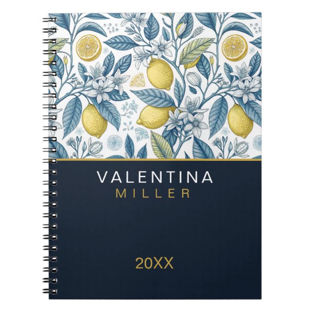 Custom Elegant Mediterranean Lemon Botanical Navy Notebook (Front)