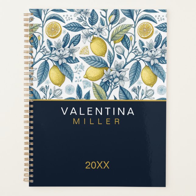 Custom Elegant Mediterranean Lemon Botanical Navy Planner (Front)