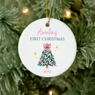 Custom Elegant Minimal Bow Girl 1st Christmas Tree Ceramic Ornament