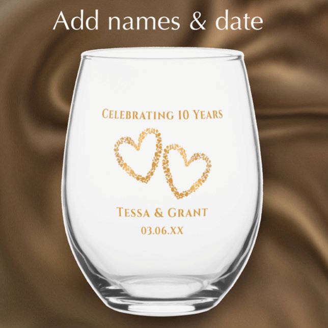 Custom Elegant Modern 10th Wedding Anniversary Stemless Wine Glass (Add couple’s names and 10th wedding anniversary date for an elegant romantic heart custom glass.)