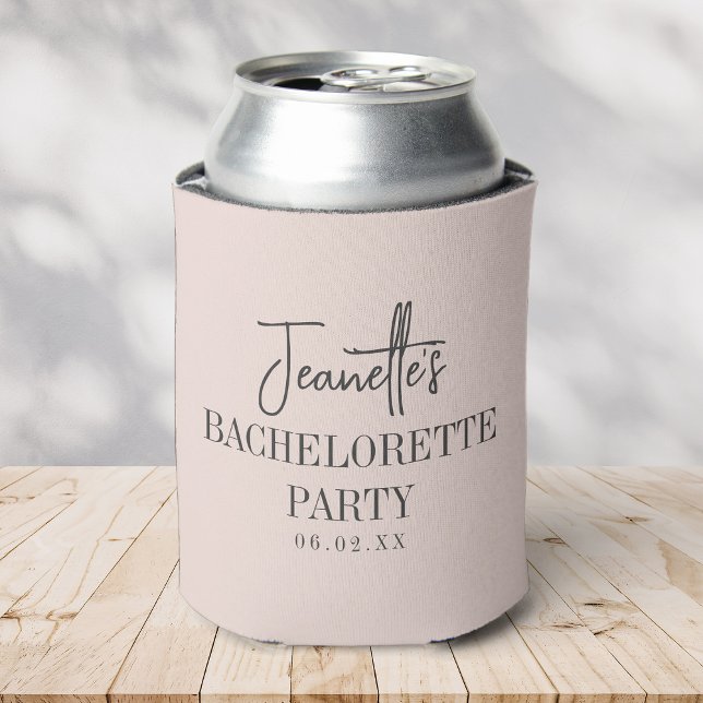 Custom Elegant Modern Bachelorette Party Blush Can Cooler (soda can with a blush pink can cooler with elegant bachelorette party text sits on a wooden table.)