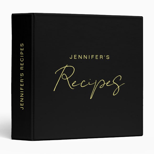 Custom Elegant Modern Black Gold Script Recipe Binder (Front/Spine)