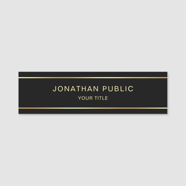 Custom Elegant Modern Black & Gold Template Name Tag (Front)