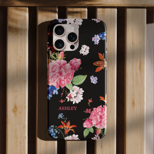 Custom Elegant Modern Camellia Floral in Black iPhone 16 Pro Case