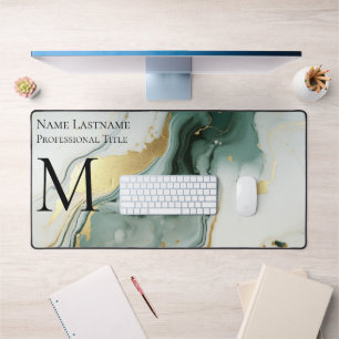 Custom Elegant Monogram Green Gold White Marble Desk Mat