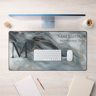 Custom Elegant Monogram Grey Blue Black Marble Desk Mat