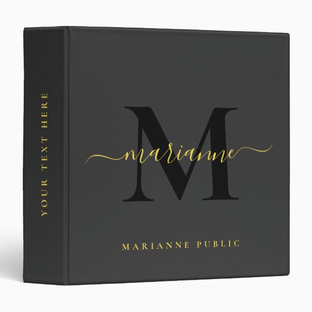 Custom Elegant Monogram Initial Black & Gold Text Binder (Front/Spine)