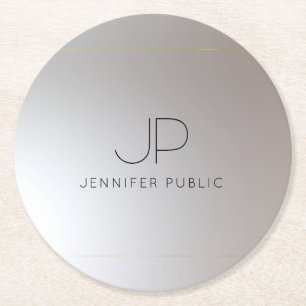 Custom Elegant Monogram Initial Gold Silver Round Paper Coaster