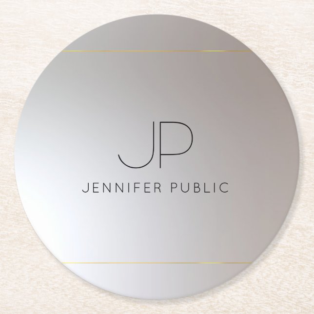 Custom Elegant Monogram Initial Gold Silver Round Paper Coaster (Front)