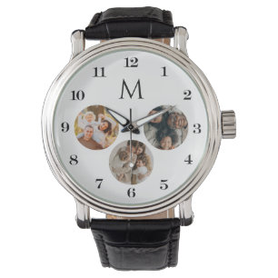 Custom Elegant Monogram Modern 3 Photo Collage Watch