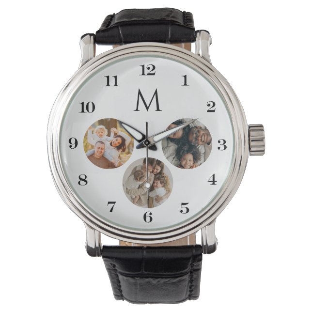 Custom Elegant Monogram Modern 3 Photo Collage  Watch (Front)