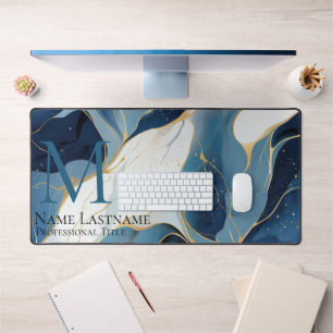 Custom Elegant Monogram Navy Blue White Marble Desk Mat