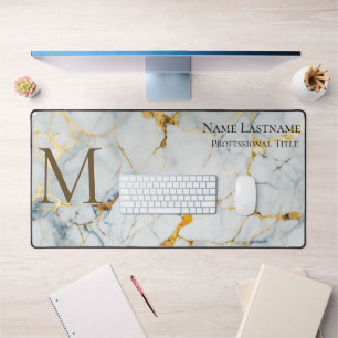 Custom Elegant Monogram White Gold Bronze Marble Desk Mat